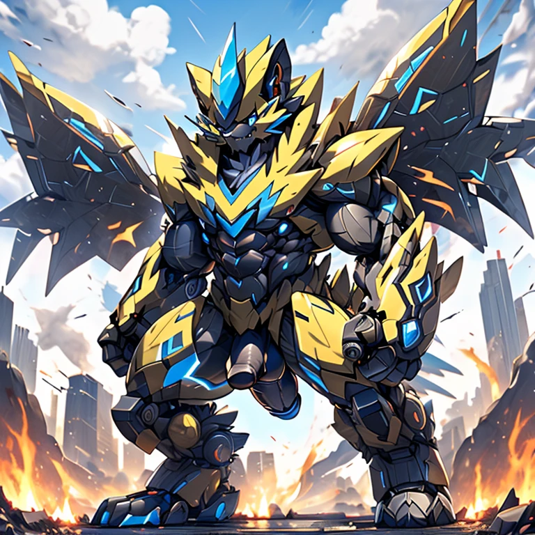 (ZERAORA, 8K), giant mechanical Muscular Zeraora is trampling the city, NSFW, Zeraora is over 1000 meters long.
Additional details: (masterpiece, official art, 8k, best quality) terrifying and imposing design, (smoke and flames rising from the destruction in the background, a lone figure) (high-tech bio-mecha armor, real texture material), (gigantic muscles, Gigachad Muscular, big muscle, pecs, triceps, traps, unusually developed muscular body, body full of huge muscles. showing off muscles, pectorales enormes, Exaggeratedly huge muscles.),(Spread wings, It has wings, have big wings, golden wings), (whole body shines like metal, Wearing cyberpunk mecha, emphasizes the muscles, suit fully made of metal, intricate armor, Robotic suit, suit fully made of metal, cyborg), (giant zeraora, Zeraora's giant robot, Powered exoskeleton with the same design as Zeraora), (Masterpiece, highres) (Detailed head, Detailed Body, Detailed abs, full body), (black color hyper penis, hyper black penis), GUNDAN