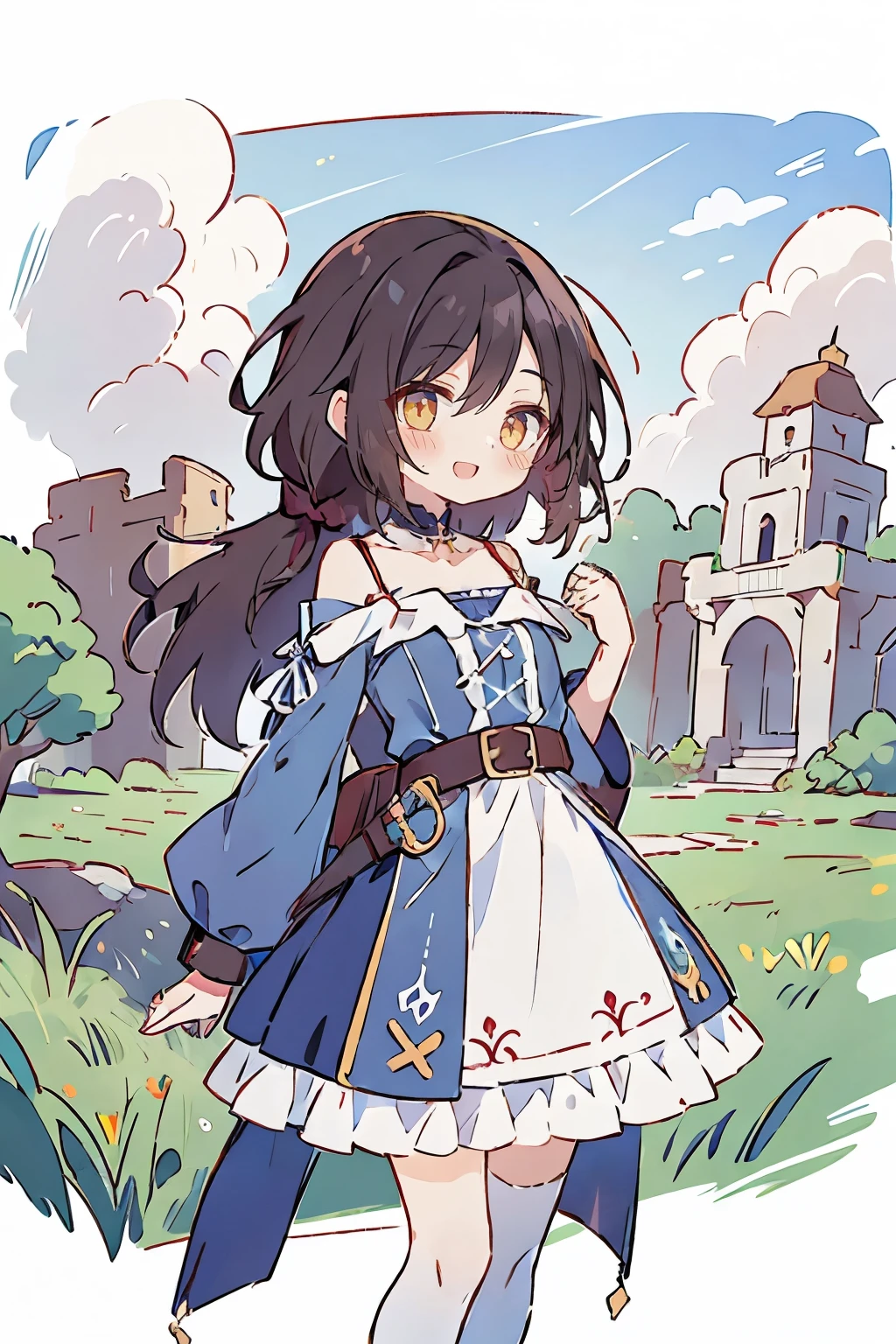 Hui Xiyi, Rekkyo Sensen, fantasy world, ruins, fort, beautiful sky, shining sky, sunshine, camisoles, belts, blue clothes, cross, choker, wind blowing dress, lace dress, off-shoulder sleeves, white tights