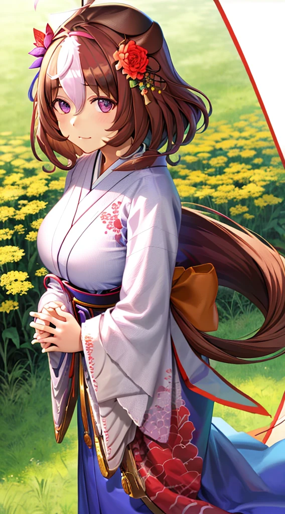 1girl, solo, long hair, looking at viewer, smile, bangs, hair ornament, ribbon, closed mouth, hair ribbon, flower, ahoge, japanese clothes, hair flower, kimono, parted bangs, traditional media, own hands together, praying