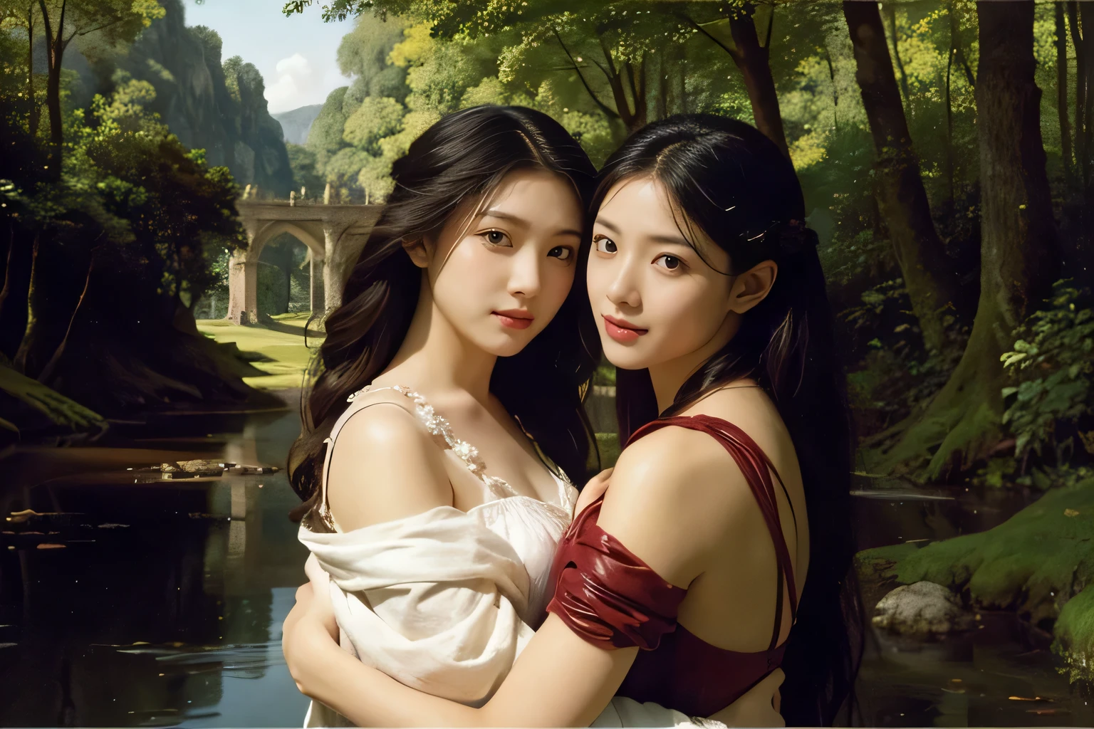 Giorgione painting style,Barbizon forest A beautiful woman in Greek dress smiles on the shore,Sweet and seductive appearance.、Caravaggio's paintings、Chiaroscuro of Caravaggio、hair tousled by the wind,Two women frolicking,cute smile, expression of ecstasy,Sexy,erotic, full body portrait