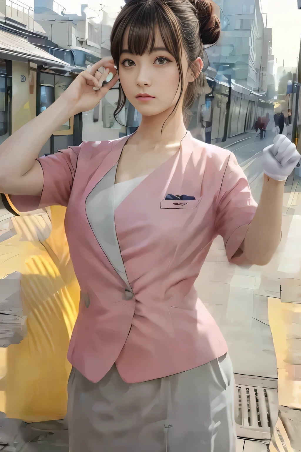 (masterpiece:1.2, highest quality:1.2), 32K HDR, High resolution, (alone、1 girl)、(On the rooftop of a building in the daytime、Professional Lighting)、Building rooftop background、(Nankai train crew uniform pinkを着たリアルスタイル)、(Nankai train crew uniform pink short sleeve pink jacket、Nankai Train Crew Uniform Pink Collarless Short Sleeve Blouse、Nankai Train crew uniform pinkのグレー色のキュロットスカート)、Dark brown hair、(Hair tied up、Hair Bun、Hair Bun)、Dark brown hair、Long Shot、Big Breasts、Thin legs、((Great hands:2.0)),((Harmonious body proportions:1.5)),((Normal limbs:2.0)),((Normal finger:2.0)),((Delicate eyes:2.0)),((Normal eyes:2.0)))、Captivating look、(Nankai Train crew uniform pinkのグレー色のキュロットスカートを見せた美しい歩く姿)、Keep your hands natural