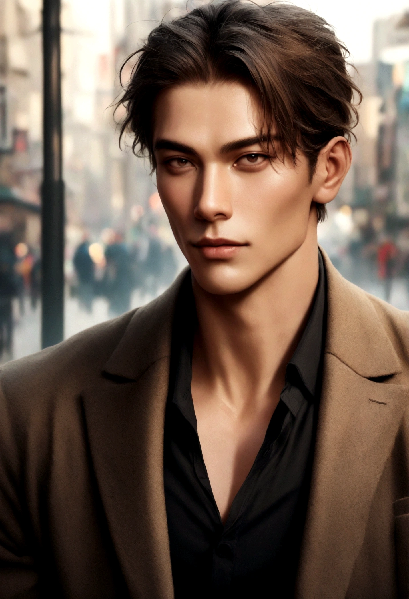 A photo of one handsome young man, strong jawline, model aesthetic, professional Instagram expert background, realistic, grainy,