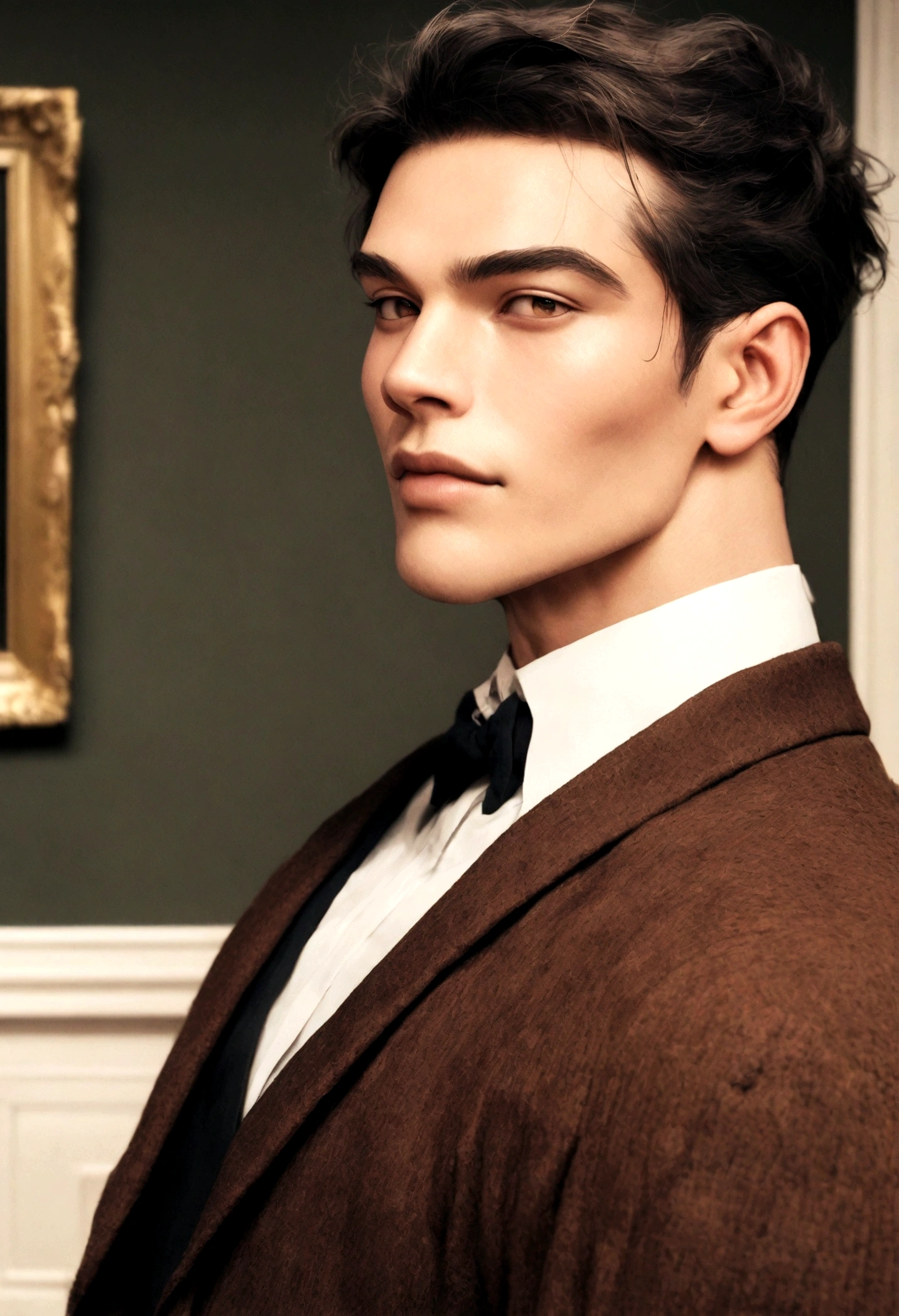 A photo of one handsome young man, strong jawline, model aesthetic, professional Instagram expert background, realistic, grainy, 