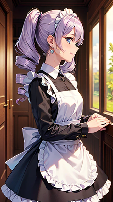 A girl is posing for a photo,pretty girl,Enchanting girl,Anime Girls,
(((One Girl,16 years o 

((Black long sleeve maid outfit with long skirt、White apron、With ruffled collar、Black Stockings、Black heel shoes))、Earrings、Black nail polish、
BREAK 

((Light purple hair)), ((Drill Hair Twin Tail、slicked back hair))
(Drooping eyes,blue eyes),(Small breasts),
BREAK 

(Beautiful Hair,Shiny Hair),
(Expression of fine eyes,Beautiful and delicate eyes,Sparkling eyes,Eye Reflexes),
(double eyelid,Long eyelashes),
(Beautiful Nose,Thin Nose),
(Glossy lips,Beautiful Lips,Thick lips),
(Symmetrical facial features,Perfect Face),(((Detailed skin,Oily skin,Textured skin,Beautiful Skin))),
BREAK 

(Wicked Smile),
((noon、Western-style architecture:1.4、corridor、sunlight)),((Dynamic Pose、Profile Stand、Face the viewer、Cowboy Shot)),
BREAK 

(((highest quality)),((masterpiece)),((Very detailed))),((High resolution),(8k),(16k,1080p),(Anime 2D Rendering)),(Anatomically correct),
((Realistic)), (The best CG),Highly detailed art,CG illustration,
