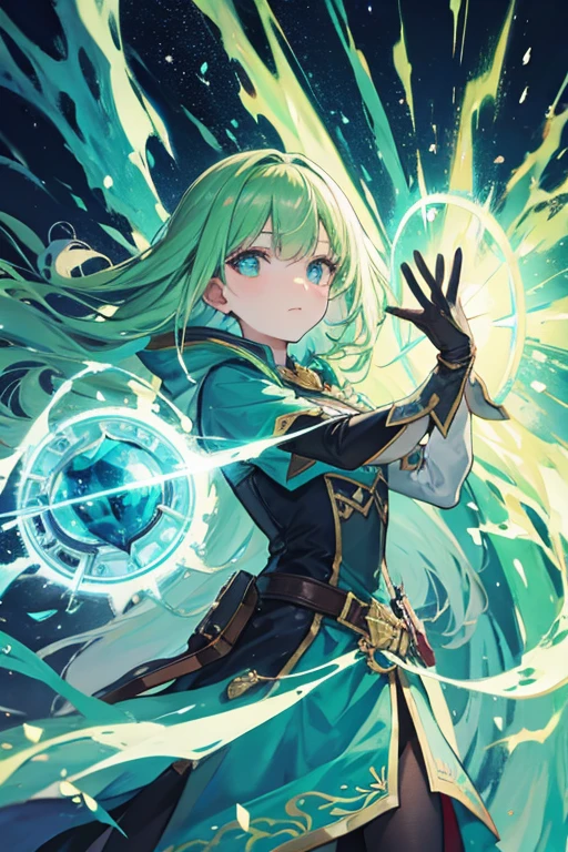 A powerful spell that creates a magical protective barrier., A woman who uses green magic to summon a magical shield is perfect for a fantasy world..