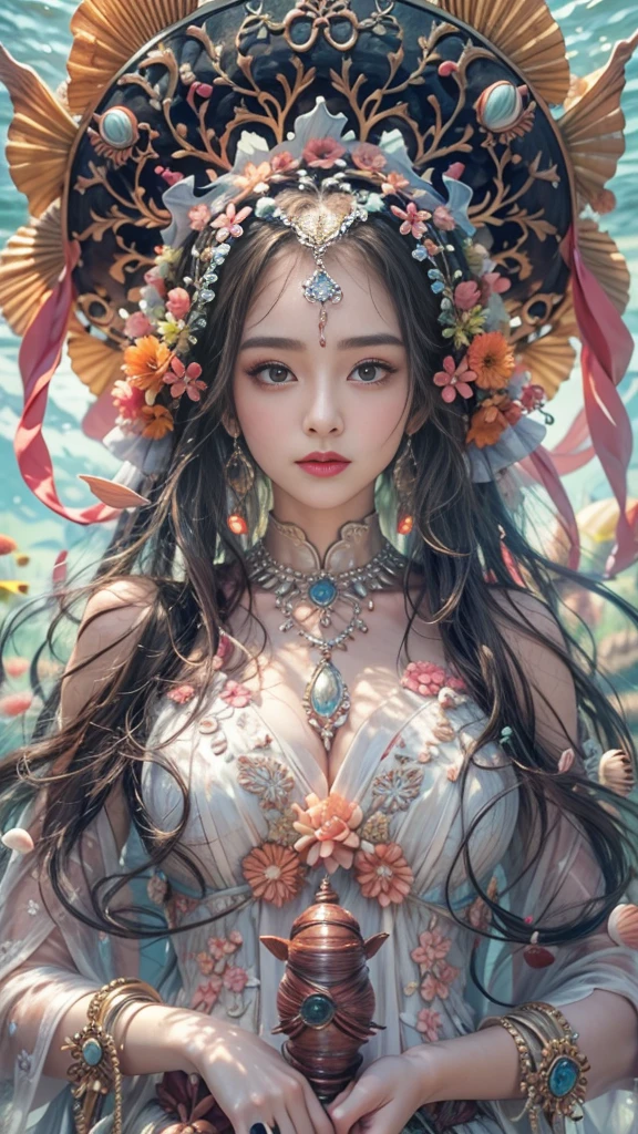 (RAW shooting, 32k:1.5, highest quality, masterpiece, Ultra-high resolution), (deep sea:1.0, Dramatic moonlight:0.7, Mysterious underwater world:1.3, Expressions of sadness:1.0), Side Shot, Fractal Art:1.3, Perfect dynamic composition:1.3, Very detailedな肌と顔の質感:1.2, Dynamic flow of water waves:1.3, Beautiful shell and coral decoration, Surrounded by lots of colorful fish, Rich underwater vegetation, (The subject is being viewed from a distance:1.3, Slim human figure:1.0, Shimmering Scales, Mermaid tail:0.5), elegant and sophisticated, Fair skin, Incredibly slim body:0.8, Very beautiful face, Water droplets on the skin, Very accurate, Very detailed, (Yoga Wear:0.8, Yoga poses:0.8), Big eyes that exude beauty, Beautiful big lips, Unreal atmosphere, Earrings, bracelet
