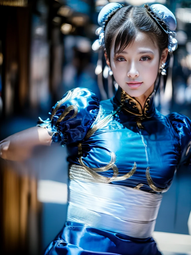 (((High Kick)))、Chun-Li from Street Fight II,The perfect Chun-Li costume,Blue Chinese dress with gold lines,Bun Head,Good cover,Fighting Pose,masterpiece、1 beautiful girl、Fine Eyes、Puffy eyes、highest quality, 超High resolution, (reality: 1.4), Cinema Lighting、Japanese、Asian Beauty、Korean、so beautiful、Beautiful Skin、Body facing forward、Face close-up、(超reality的な)、(High resolution)、(8k)、(Very detailed)、(美しくFine Eyes)、(Very detailed)、 (wall-)、Detailed face、Bright lighting、Professional Lighting、Looking at the audience、Look straight ahead、Diagonal bangs、Nogizaka Idol、Korean Idol、masterpiece, highest quality, masterpiece, highest quality, Perfect Face, Perfect brown eyes with white sclera, Bad move -5, alone, 1 girl, Upper Body, Brown Hair, From SF2, Chinese Language Services, smile, Muscular woman, Blue clothes, pantyhose, Pelvic Curtain, Puff short sleeves, Good cover, sash, evaluation:safety