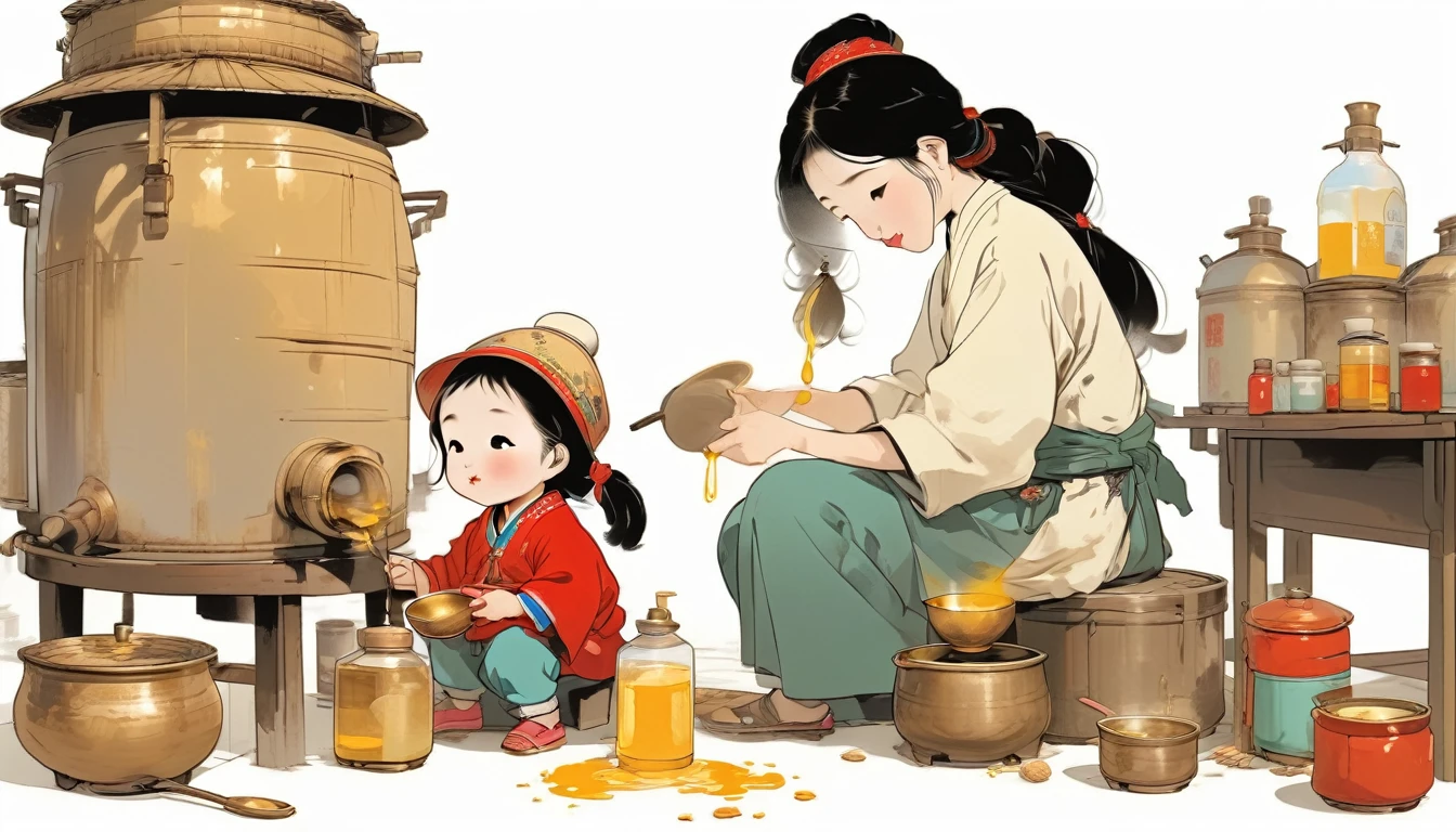 A Yao mother in Jianghua, Hunan, sits on a stool and pours peanut oil into the oil tank，My  daughter is helping out，Unique hat and clothing texture style of the Yao ethnic group，White background，Best quality，Flat illustration style，Photographic light，Size ratio