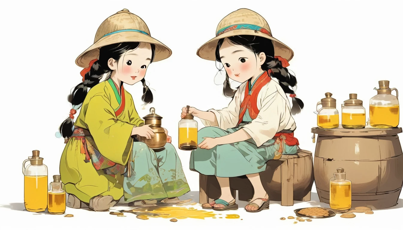 A Yao mother in Jianghua, Hunan, sits on a stool and pours peanut oil into the oil tank,My little daughter is helping out,Unique hat and clothing texture style of the Yao ethnic group,White background,Best quality,Flat illustration style,Photographic light,Size ratio