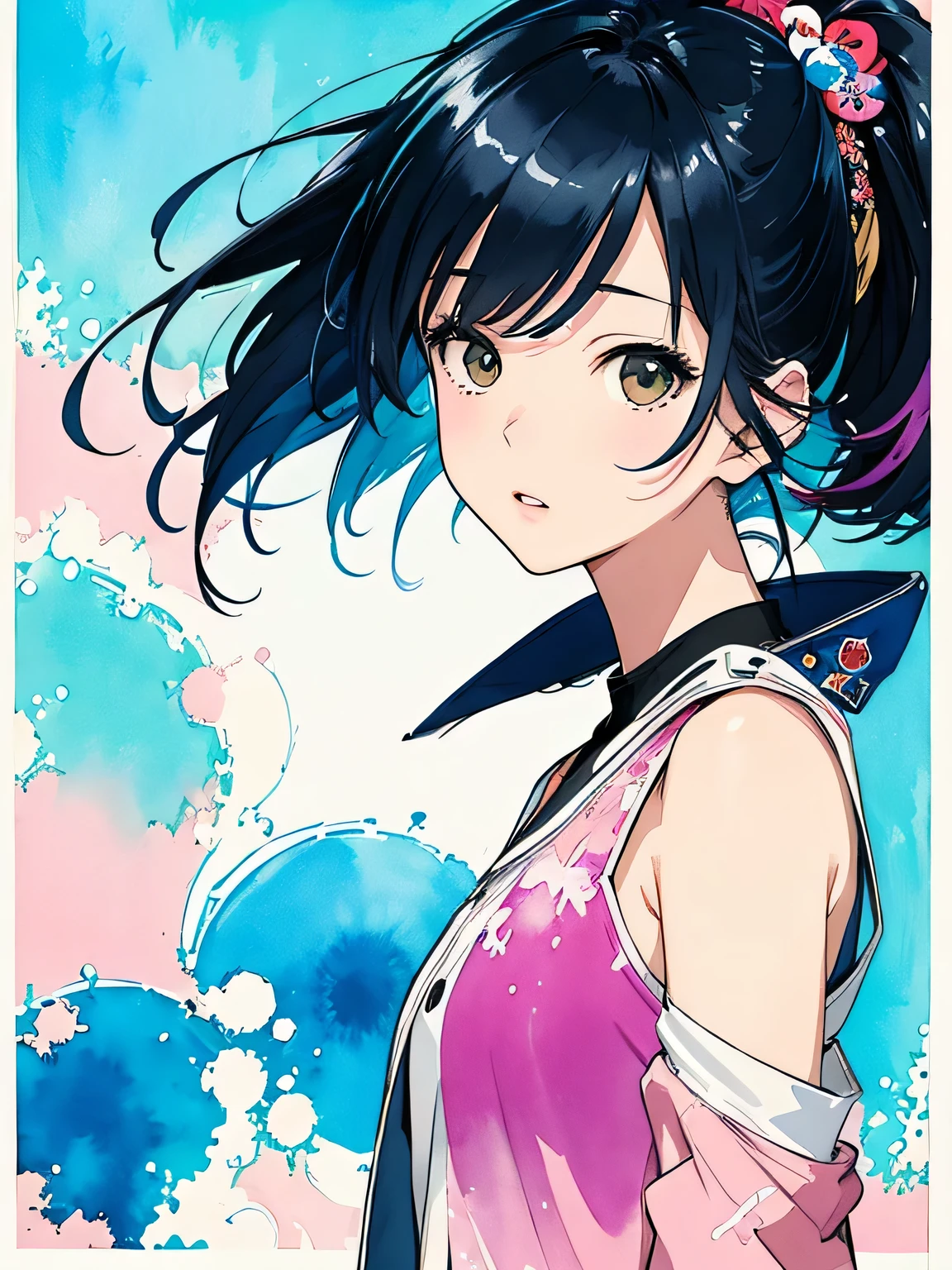 Watase Seizo Style、(((stylish fashion))), 8K Quality、Intense watercolor, Detailed watercolor art, Watercolor splash, Surreal, avant-garde pop art, Beautiful and expressive paintings, Beautiful artwork illustration, Very colorful tones, wonderful, Cool beauty, highest quality、Official Art, Vector art, Stylish design, (((The most beautiful girl))), (((highest quality))), HDR, ((detailed)), (((Doodle Art)), ((masterpiece)), ((Super detailed)), (((Stylish))),