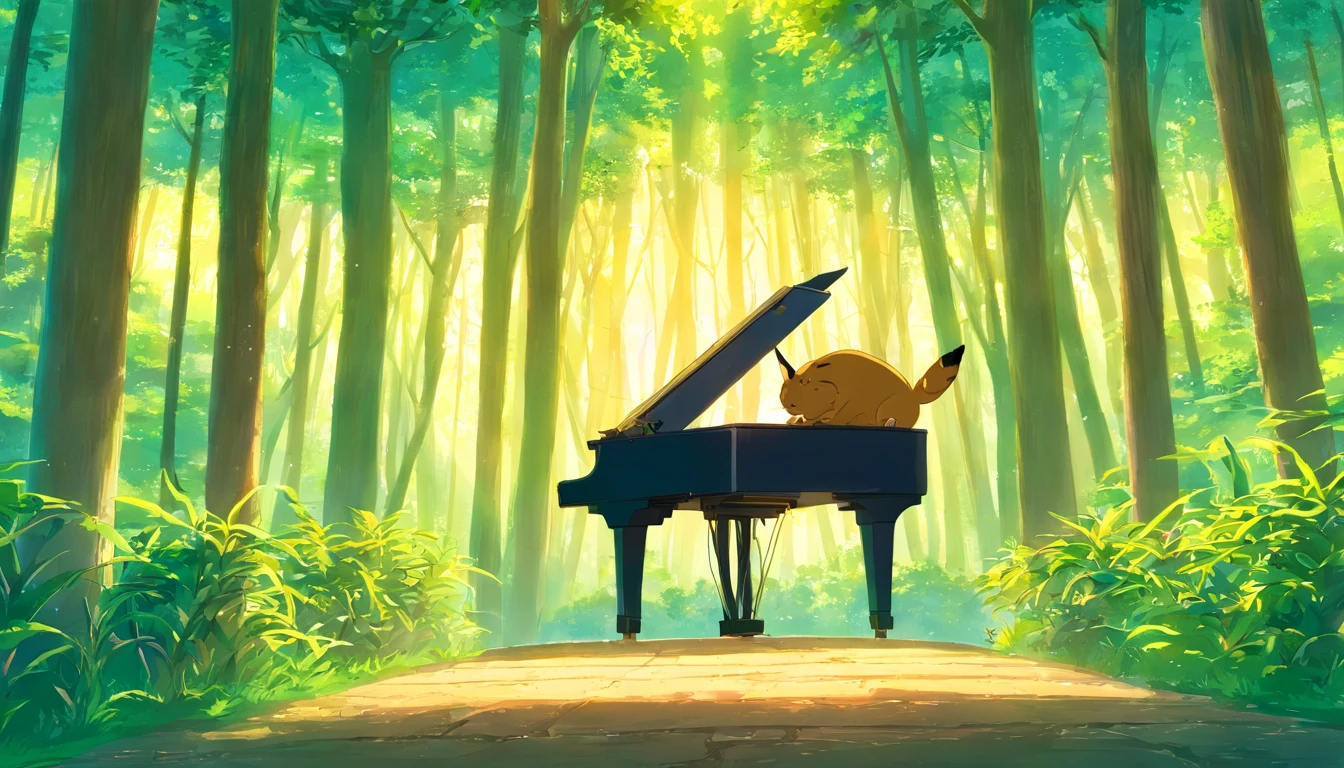 A beautiful forest with lush trees, Animals of all kinds and a magical clearing in the center, Where the animals gather. The sun shines softly over the scenery. No centro um coelho fofo branco, macio, sentado、Grand piano、There is no one here、There is only a piano in the woods