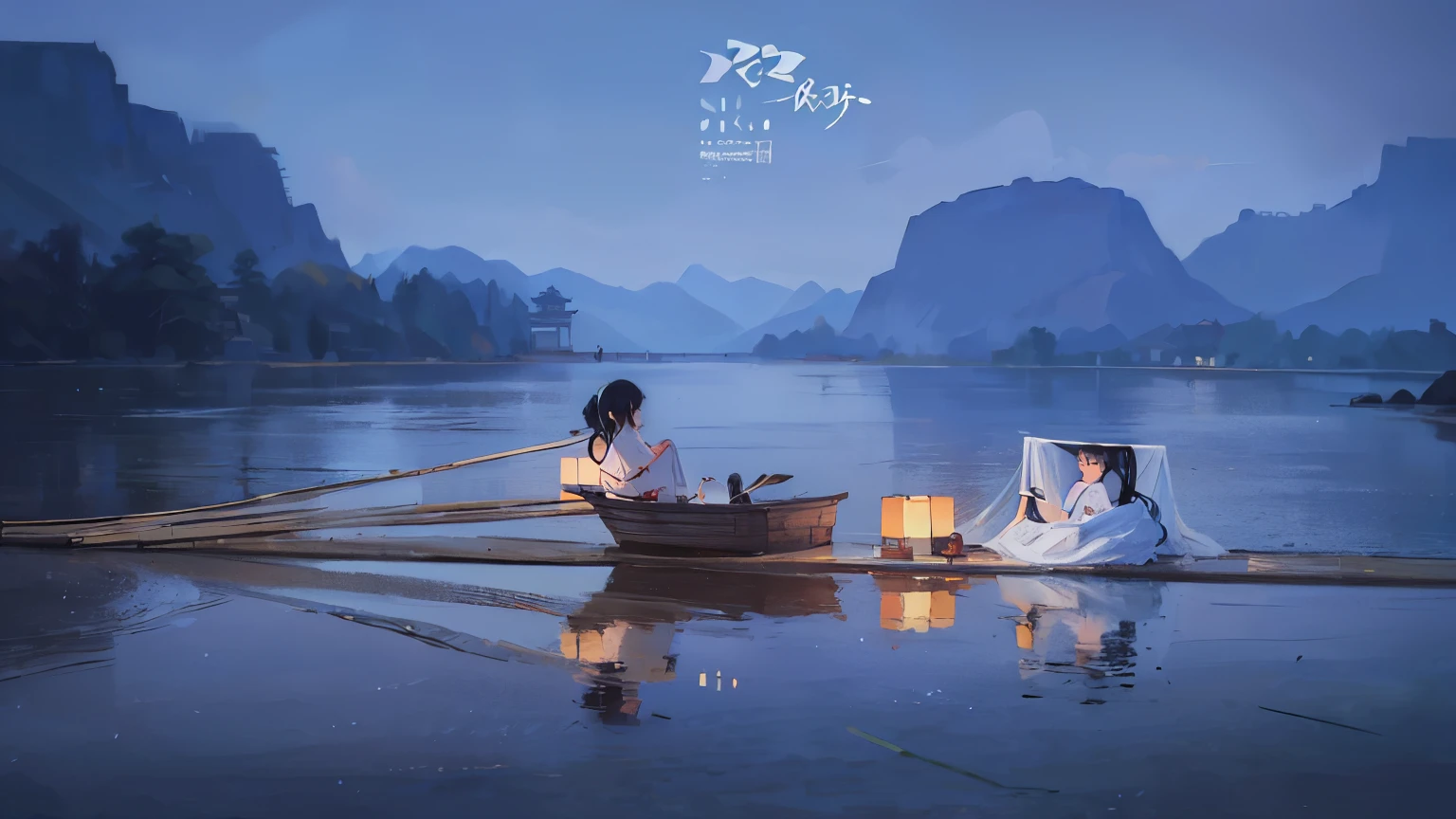 There are two people sitting on a raft,There are lanterns on it, By Fei Danxu, by Jiang Tingxi, Chinese Artists, Very beautiful photos, by Ye Xin, author:Cold plum, stunning photo, by Yu Zhiding, by Xia Yong, by Yuan Jiang, by Zheng Xie, author:Wang Yuan, author Victor Wang, author:Fan Qi