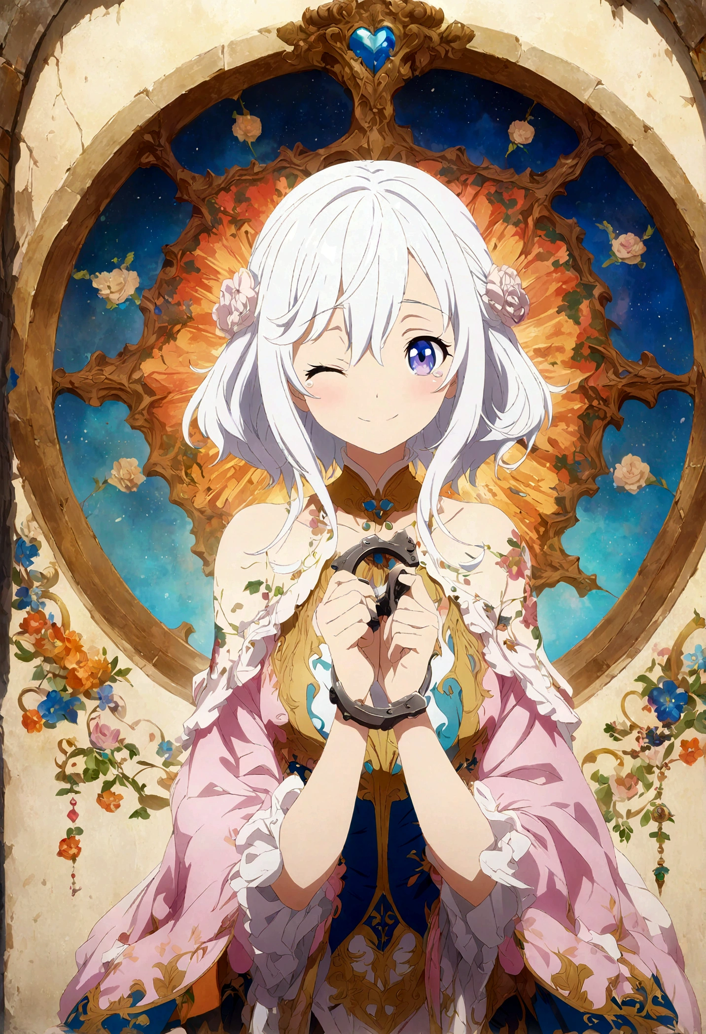 Anime girl with long white hair, tattoos and handcuffs, Detailed anime artwork, Detailed Anime Character Art, clean Detailed anime art, Smiling with one eye wide open, Tears are overflowing, Detailed digital anime art, Top rated on pixiv, Detailed anime art, artstation pixivでトレンド, Beautiful Anime Girls, Enchanting anime girl, Cute and detailed artwork, anime art wallpaper 4k, anime art wallpaper 4k