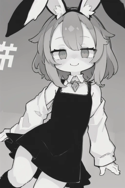 VibriPXL,black dress, dress, black skin, rabbit ears, gem eyes,solo, , slim,solo,monochrome, greyscale,sleeveless, striped dress,short dress,smile,skin tight dress
