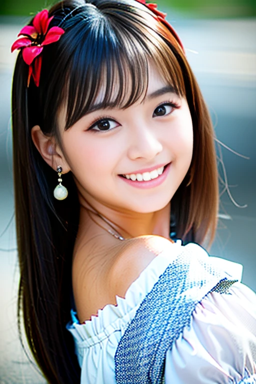 (Highest quality details:1.2), Realistic, 8K Ultra HD, High resolution, Fujifilm(Medium format), Hasselblad, Carl Zeiss, Incredible dynamic range photography(utility_art：Smoose-768:1.1), (One Girl:1.2), Super detailed, High quality textures, Intricate details, detailed, Very detailed CG, High Quality Shadows, detailed Beautiful and delicate face, detailed Beautiful and delicate eyes, Depth of written boundary, Ray Tracing, 18 years old, Cute Japanese Girl, Narrow Face, Glossy lips, Glowing Eyes, Glowing Eyes, Perfect body, View the viewer, (Jewelry Earrings), (Eye Color: Brown), (Bright red flower hair ornament), (Long white hair), (Layered Hairstyles), (Classic Gothic Lolita:1.5), Fashion Model Style, face close up, smile