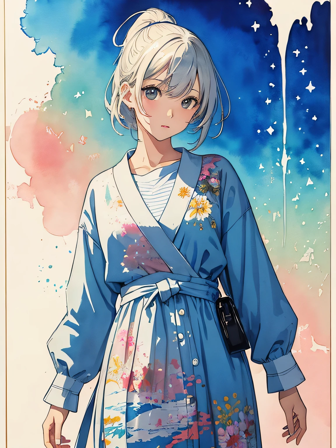 Watase Seizo Style、(((stylish fashion))), 8K Quality、Intense watercolor, Detailed watercolor art, Watercolor splash, Surreal, avant-garde pop art, Beautiful and expressive paintings, Beautiful artwork illustration, Very colorful tones, wonderful, Cool beauty, highest quality、Official Art, Vector art, Stylish design, (((The most beautiful girl))), (((highest quality))), HDR, ((detailed)), (((Doodle Art)), ((masterpiece)), ((Super detailed)), (((Stylish))),