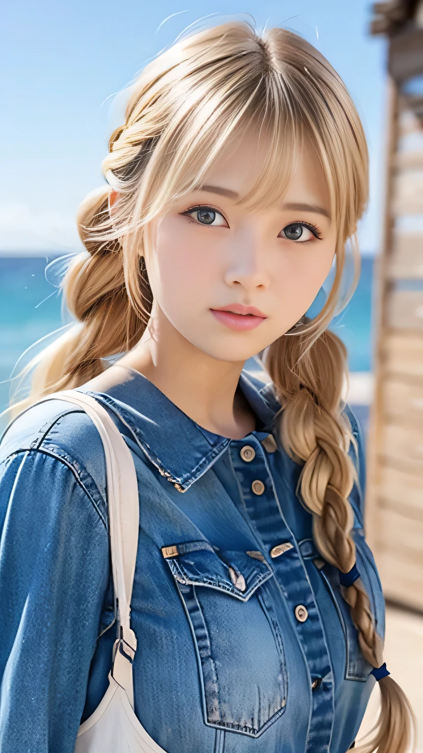 Sexy Big 、Sexy cute looks and cute beautiful girl, beautiful and sexy face、A strong wind blows my hair in front of my face、beautiful long blonde French braided hair、beautiful, Cute and sexy eyes hidden behind long bangs、Yawn、