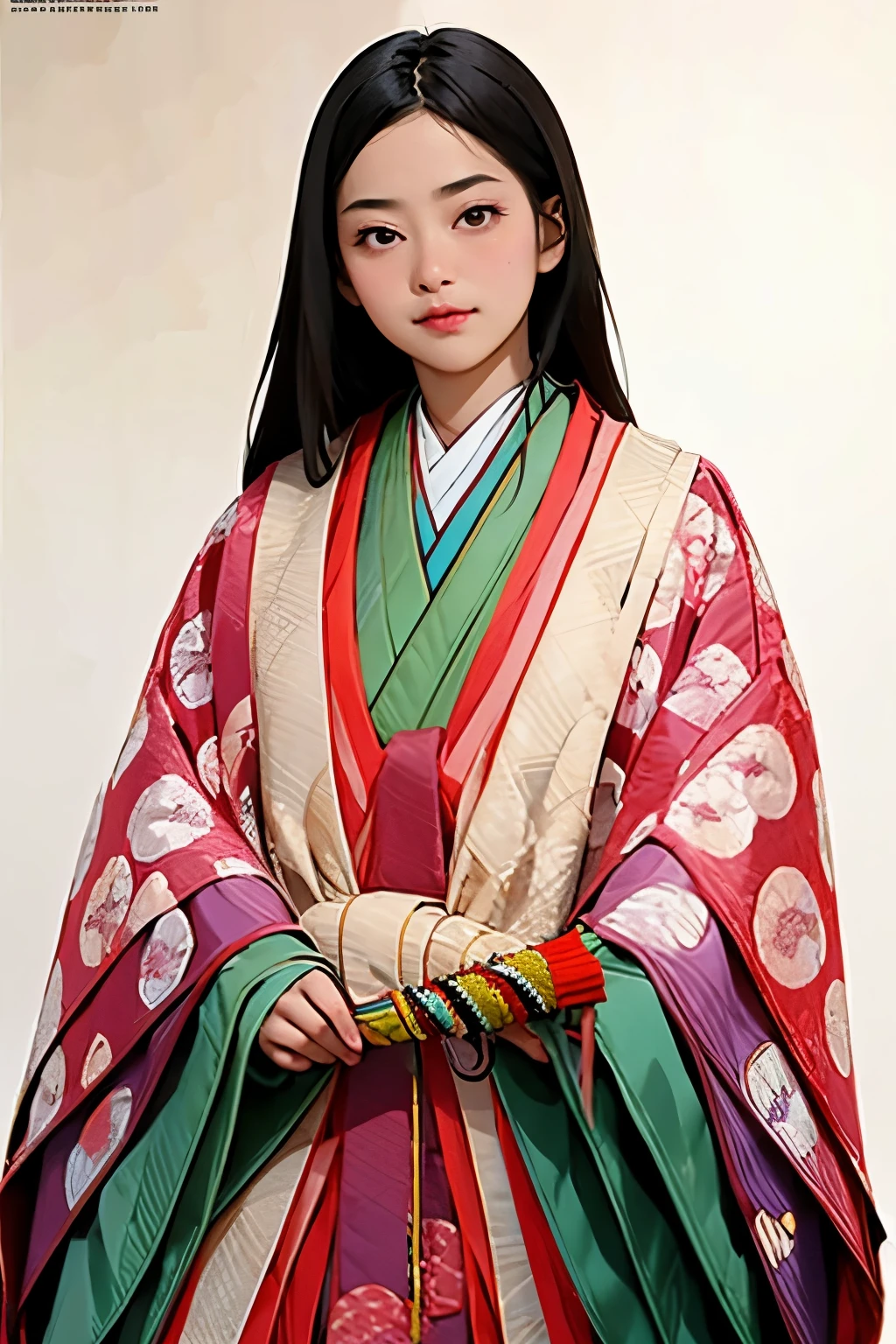 (masterpiece, highest quality:1.2), One girl, (beautiful japanese girl:1.2), juni-hitoe, solo, (upper body), (from front), Straight long black hair、hiogi、court crest print, itutuginu, kasanenoirome, munamoto itutugine, sodeguchi itutuginu, suso itutuginnu, detail, Blank background, white background,