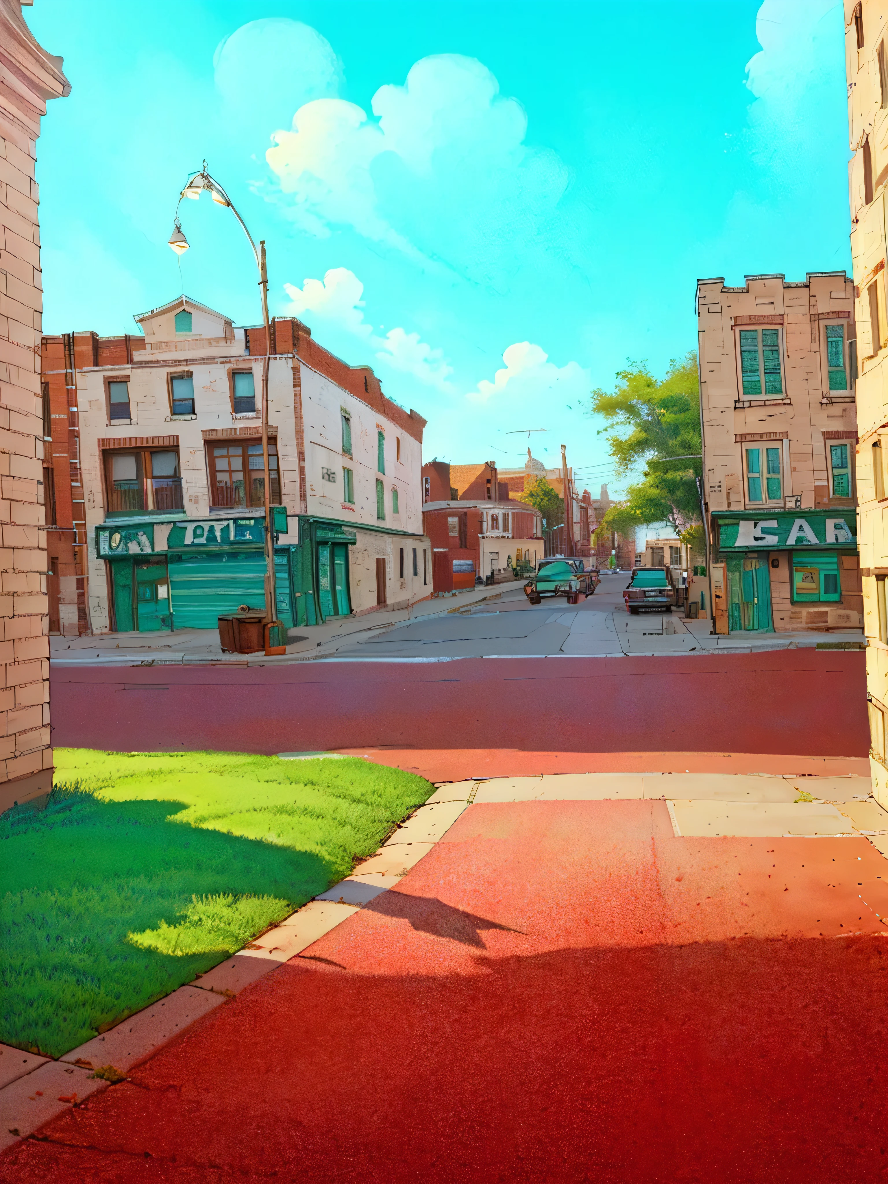 master piece, 8k detail, of a street with buildings and a street light on a pole, clean ink detailed line drawing, day time, blue sky, green trees, red bar canopy, brick buildings, tar street, cement sidewalk, pretty soothing colors