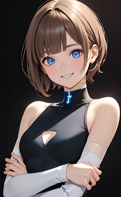 (Photorealistic:1.4)、(,20-year-old:1.5),(masterpiece、Blue lighting:1.5、Blue lens flare:1.5、Blue spot light:1.2、Exquisite beautiful eye:1.5,portlate),(kind eyes、tareme:1.9),(Being in the dark、Illuminated by blue lighting from the front:1.8、deep shadows:1.5)
、Cute Face、 3D Face、(light brown hair:1.5)、(pixie cut),(sidelock :1.5),(blunt bangs:1.3),(1 woman)、(Red eyes:1.2)、(upper body:1.5)、(clear face:1.5)、(head tilt) ,(Cute face:1.2),(flat chest),(),kind face,(white Bodysuit with cut out),(black background:1.5)、()、()、 Neat and clean、Adorable、Demure,Slim Body(),Shiny Hair、()、Nijisketch,Manga,smiley face, grin