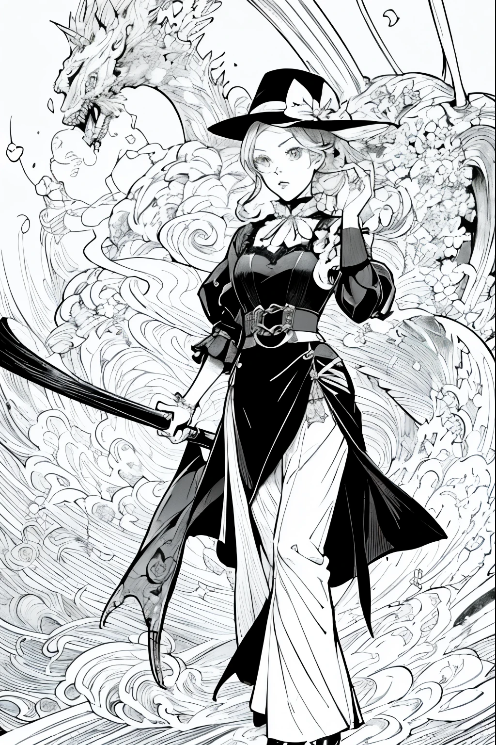 A painting of a costumed woman holding a hat and a walking stick, Manga drawn by Junpei Sato, Pixiv, Gothic art, pencil and Ink Manga, Beautiful line art, Pencil and ink cartoon, Shirow Masamuneスタイル, Shirow Masamune, Ink Manga, Very detailed fan art, Complex manga drawing