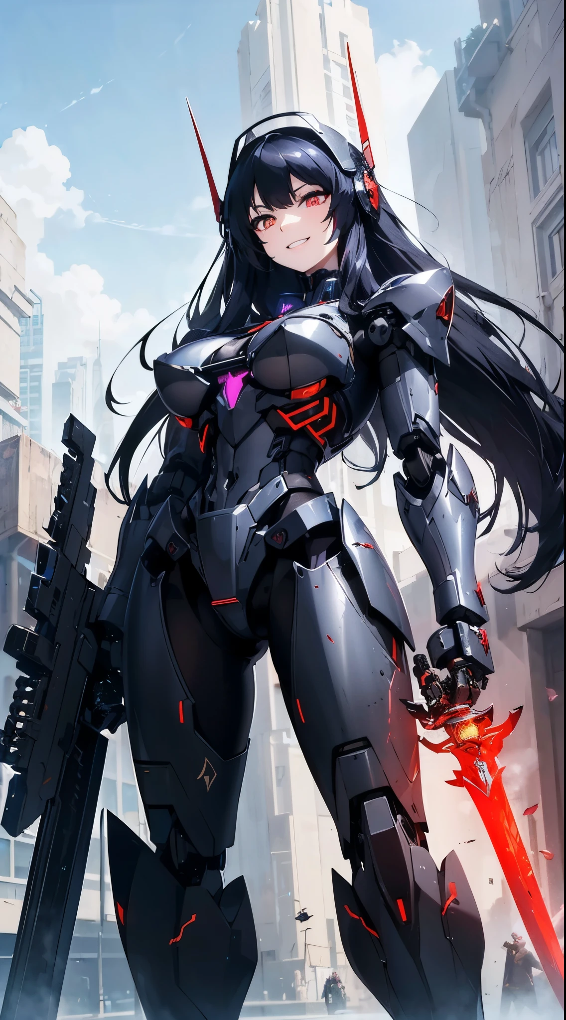 Machine eyes glowing red、evil smile