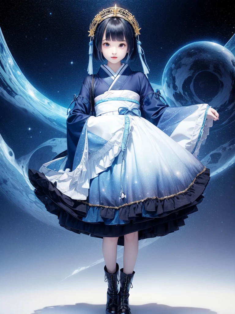 (((1girl)))、Star Fairy、vtuber-fullbody、(((highest quality、Masterpiece、The best composition、Golden Ratio、Official Art、Super detailed、Super detailedな目)))、ultra detailed, from front, headshot、 blue and white hair color、Short bangs above eyebrows、Short Hair、Standing in front of the viewer、A galaxy patterned outfit made from a remake of kimono and gothic ta, with dark blue and light blue as the main colors.、The sleeves are long and the hands are hidden、Knee-high boots、Pure white simple background、