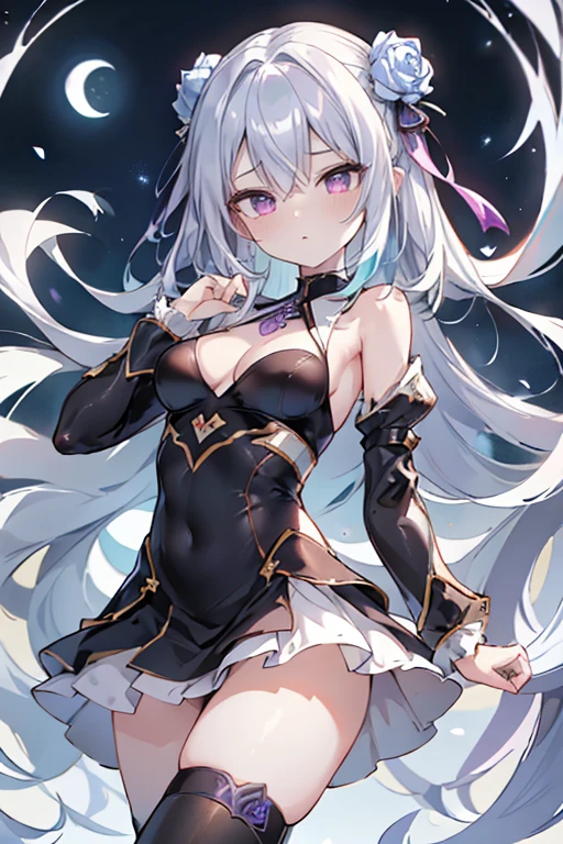 1girl, anime, cute girl, blank background, white background, fantasy, detailed fantasy dress with highlights, beautiful face, beautiful eyes, dark colors, black hair with multicolor streaks, red eye with different color pupil in eye, multicolor eye, medium breasts, slight cleavage, beautiful skin, cute, breast curtains, extremely delicate and beautiful, (beautiful detailed face:1.0), (detailed deep eyes), symmetrical breasts, deep eyes, shiny skin, portrait, slender waist, hips wider than shoulders, thighs, expressionless, young girl, luminous eyes, adorable,(Kpop idol),(aegyo sal:1),(Platinum blonde hair:1),((puffy eye)),Black panty,sexy posture,Superskirt, Ultra-high resolution,Black collar,slim figure, Abdominal y tattoo, womb tattoo,Tight-fitting leg ring,y tattoo on half-body,Bare skin, Armored hand,Hidden fingertips,Hand covered,Arm covered,Fist covered,{{beautiful detailed fingers}}, tufts of hair, moderate beautiful breast:1.0,(masterpiece:1.2), best quality, high-res, HDR, perfect face, intricate armor, delicate blue filigree, intricate filigree, red metalic parts, detailed part, dynamic pose, dynamic lights, cute face, neutral expression, shuimobysim, lotus, hanfu, maxi skirt, dress conservatively 1girl, solo, long blue hair, standing, One lady,14years,((White hair) ,(Shiny purple bodysuit with microskirt),((Fantasy, Moon Night)), gradient_eyes,