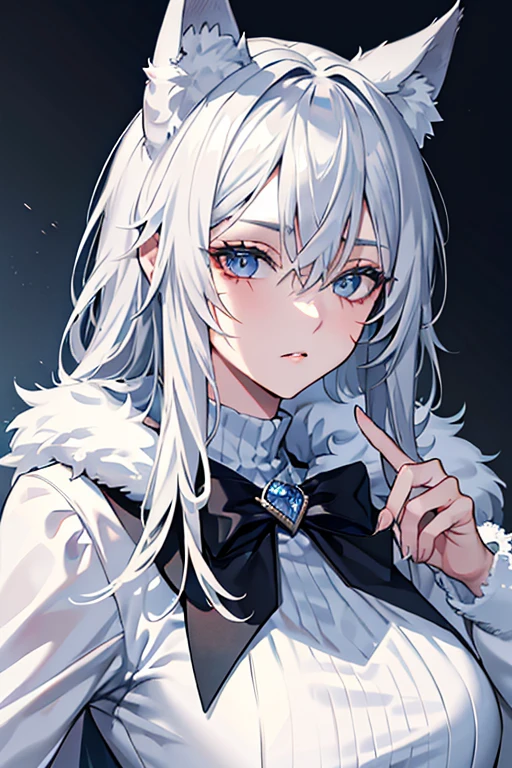 best qualtiy,tmasterpiece,The is very detailed,4K,Gray hair and shallow eyes,Drag cool expressions,Wolf ears,Erect scar on the left eye,British style,1girl,Absolutely beautiful, big bust, white costume