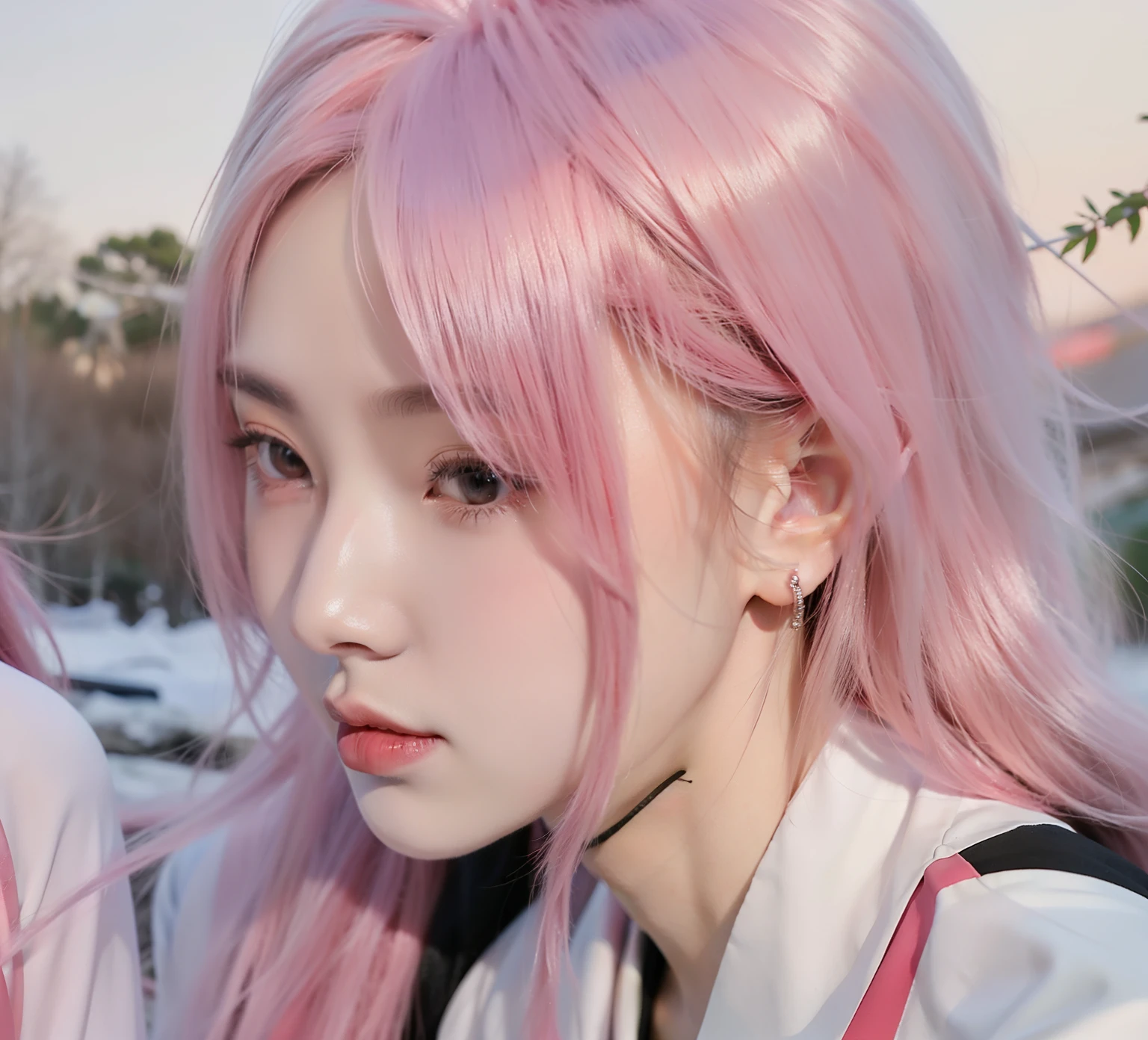 sakura uchiha. a woman was at the edge of the forest. He was spotted wearing only a black top.. I think he's a little crooked. And look at the camera again. she has long pink hair. white as snow. She looks really beautiful and realistic.