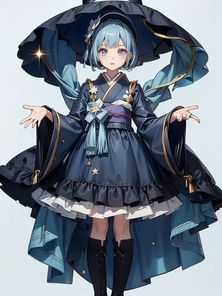 (((1girl)))、Star Fairy、vtuber-fullbody、(((highest quality、Masterpiece、The best composition、Golden Ratio、Official Art、Super detailed、Super detailedな目)))、ultra detailed, from front, headshot、 blue and white hair color、Short bangs above eyebrows、Short Hair、Standing in front of the viewer、A galaxy patterned outfit made from a remake of kimono and gothic lolita, with dark blue and light blue as the main colors.、The sleeves are long and the hands are hidden、Knee-high boots、Pure white simple background、