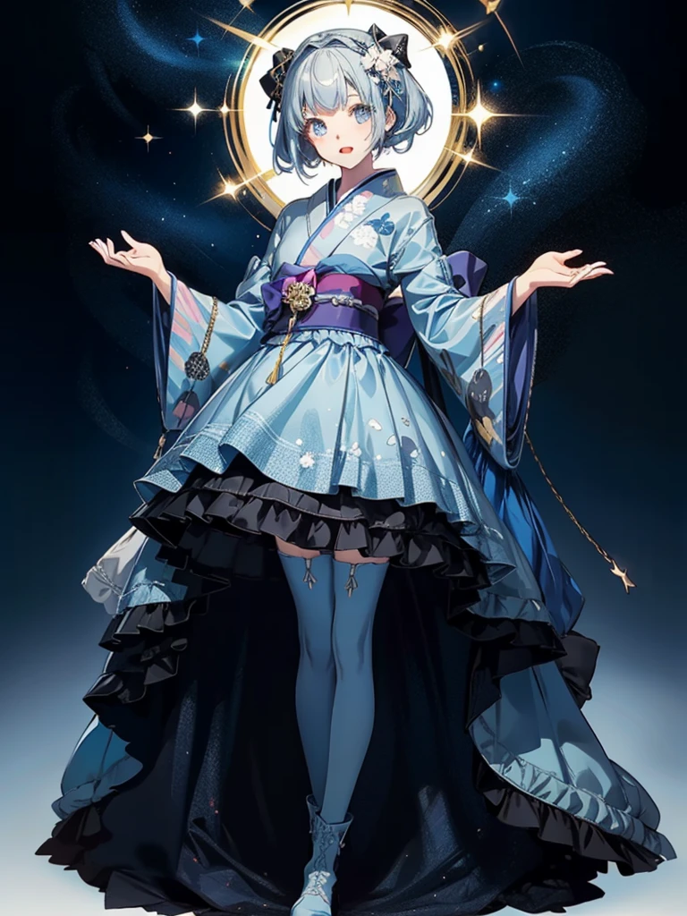 (((1girl)))、Star Fairy、vtuber-fullbody、(((highest quality、Masterpiece、The best composition、Golden Ratio、Official Art、Super detailed、Super detailedな目)))、ultra detailed, from front, headshot、 blue and white hair color、Short bangs above eyebrows、Short Hair、Standing in front of the viewer、A galaxy patterned outfit made from a remake of kimono and gothic lolita, with dark blue and light blue as the main colors.、The sleeves are long and the hands are hidden、Knee-high boots、Pure white simple background、