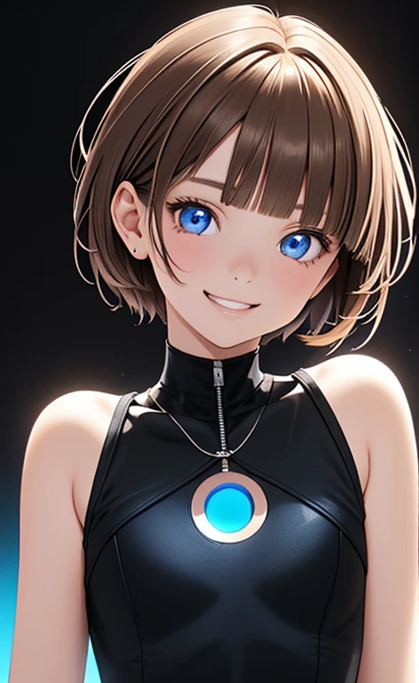 (Photorealistic:1.4)、(,20-year-old:1.5),(masterpiece、Blue Lens Filter:1.5、Blue lens flare:1.5、Blue spot light:1.2、Exquisite beautiful eye:1.5,portlate),(kind eyes、tareme:1.9),(Being in the dark、Illuminated by blue lighting from the front:1.8、deep shadows:1.5)
、Cute Face、 3D Face、(light brown hair:1.5)、(pixie cut),(sidelock :1.5),(blunt bangs:1.3),(1 woman)、(Red eyes:1.2)、(upper body:1.5)、(clear face:1.5)、(head tilt) ,(Cute face:1.2),(flat chest),(),kind face,(white Bodysuit with cut out),(black background:1.5)、()、()、 Neat and clean、Adorable、Demure,Slim Body(),Shiny Hair、()、Nijisketch,Manga,smiley face, grin