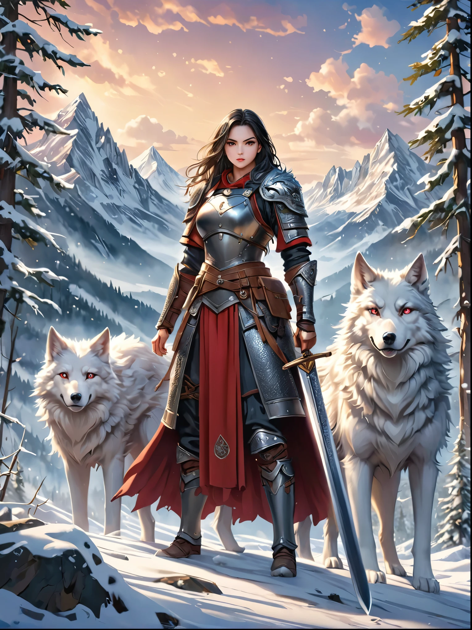 north female warrior，Wears a steel breastplate with wolf decoration，Lined with wolf leather，Lined leather amulet，Black long hair，Violet eyes，Wielding a long sword，(1 red-eyed albino direwolf standing beside her)，Mountains，Quiet snow forest，full-body shot，Cartoon Style，Super Detail，Anatomically correct, masterpiece, accurate, textured skin, super detail, high details, award winning, 8k