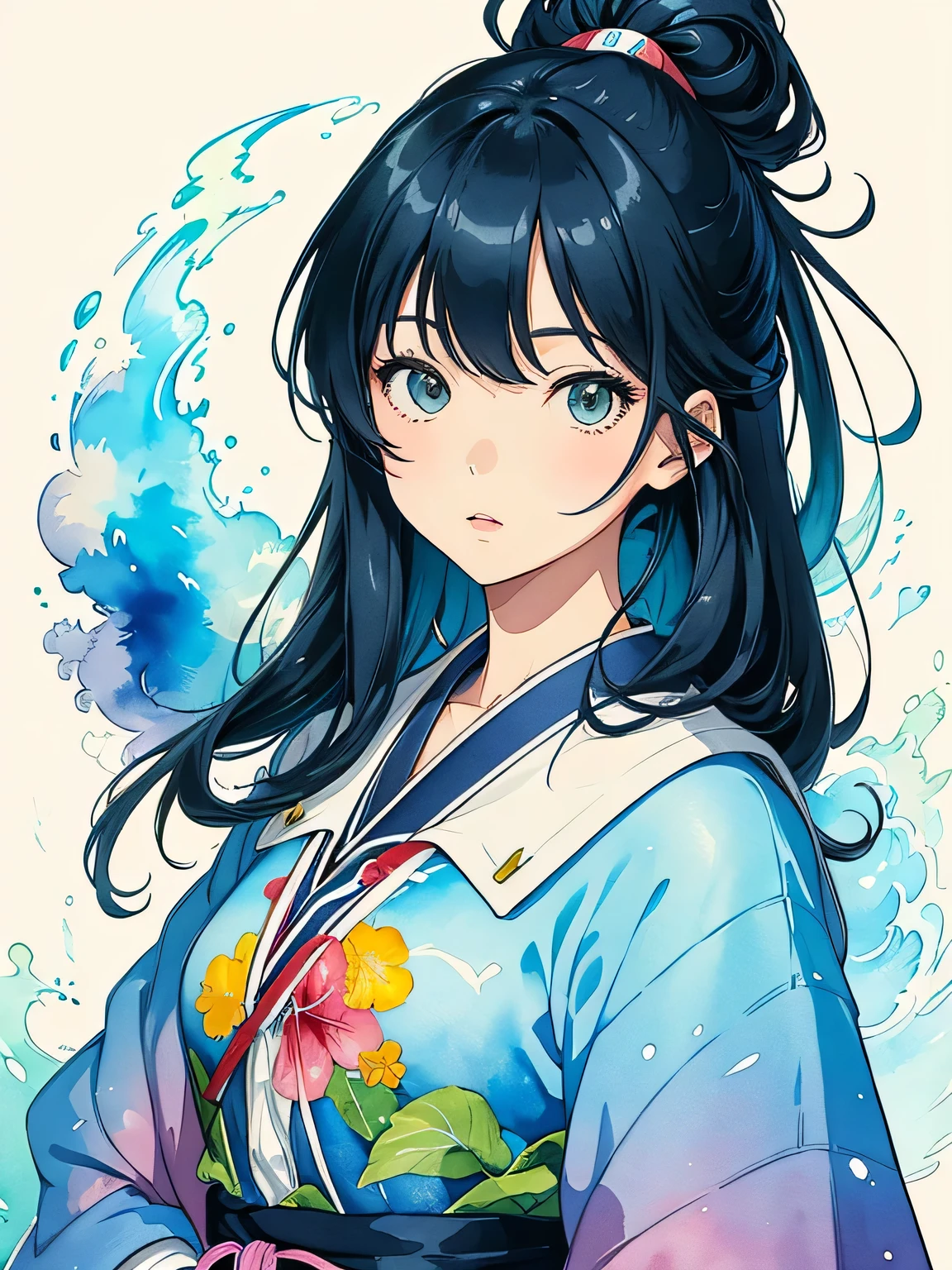 Hayao Miyazaki Style、(((stylish fashion))), 8K Quality、Intense watercolor, Detailed watercolor art, Watercolor splash, Surreal, avant-garde pop art, Beautiful and expressive paintings, Beautiful artwork illustration, Very colorful tones, wonderful, Cool beauty, highest quality、Official Art, Vector art, Stylish design, (((The most beautiful girl))), (((highest quality))), HDR, ((detailed)), (((Doodle Art)), ((masterpiece)), ((Super detailed)), (((Stylish))),