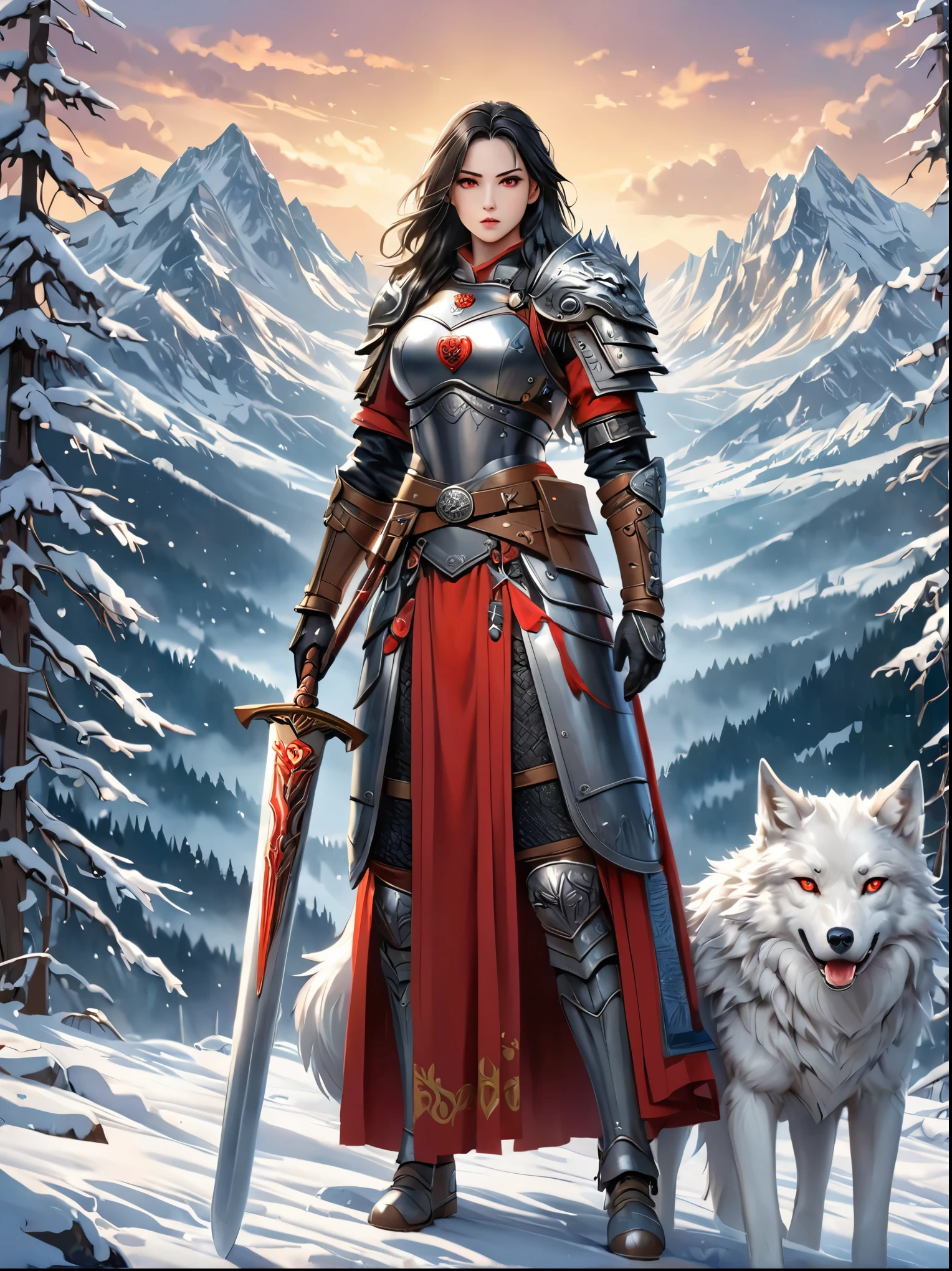 north female warrior，Wears a steel breastplate with wolf decoration，Lined with wolf leather，Lined leather amulet，Black long hair，Violet eyes，Wielding a long sword，(1 red-eyed albino direwolf standing beside her)，Mountains，Quiet snow forest，full-body shot，Cartoon Style，Super Detail，Anatomically correct, masterpiece, accurate, textured skin, super detail, high details, award winning, 8k