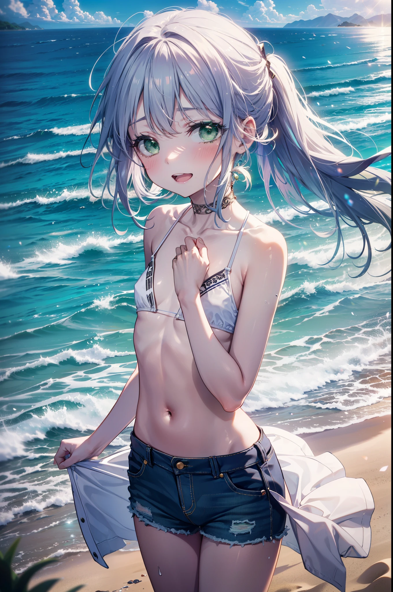 index, index, (Green Eyes:1.5), Silver Hair, Long Hair, (Flat :1.2),happy smile, smile, Open your mouth,White  Swimsuit,Short denim,barefoot,barefoot,ponytail,
壊す looking at viewer, whole body,(Cowboy Shot:1. 5)
Destroy outdoors, Sandy Beach,beach
break (masterpiece:1.2), highest quality, High resolution, unity 8k wallpaper, (figure:0.8), (Beautiful fine details:1.6), Highly detailed face, Perfect lighting, Highly detailed CG, (Perfect hands, Perfect ),