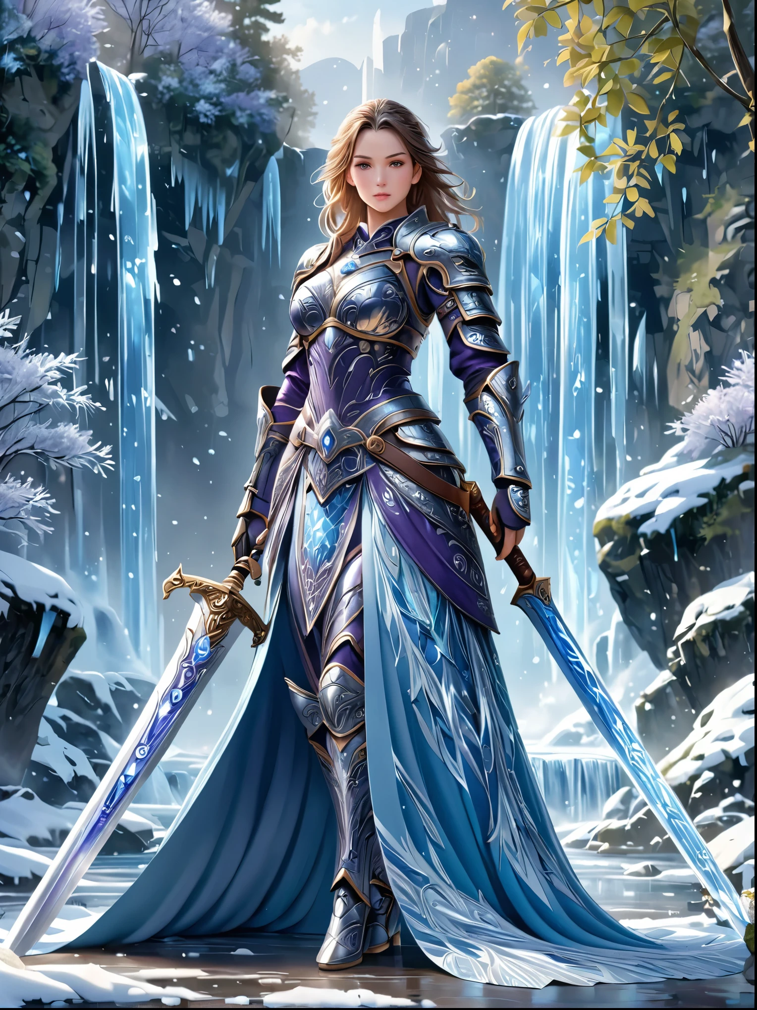 Fantasy World，Elegant female warrior，Dressed in stunning armor and costumes，Ice blue and silver，Decorated with intricate frost patterns，Gorgeous design，Wields a huge and beautiful two-handed greatsword，Cold and crystal，Her hair is a waterfall of noble silver，Dark purple eyes，full-body shot，Cartoon Style，Super Detail，Anatomically correct, masterpiece, accurate, textured skin, super detail, high details, award winning, 8k