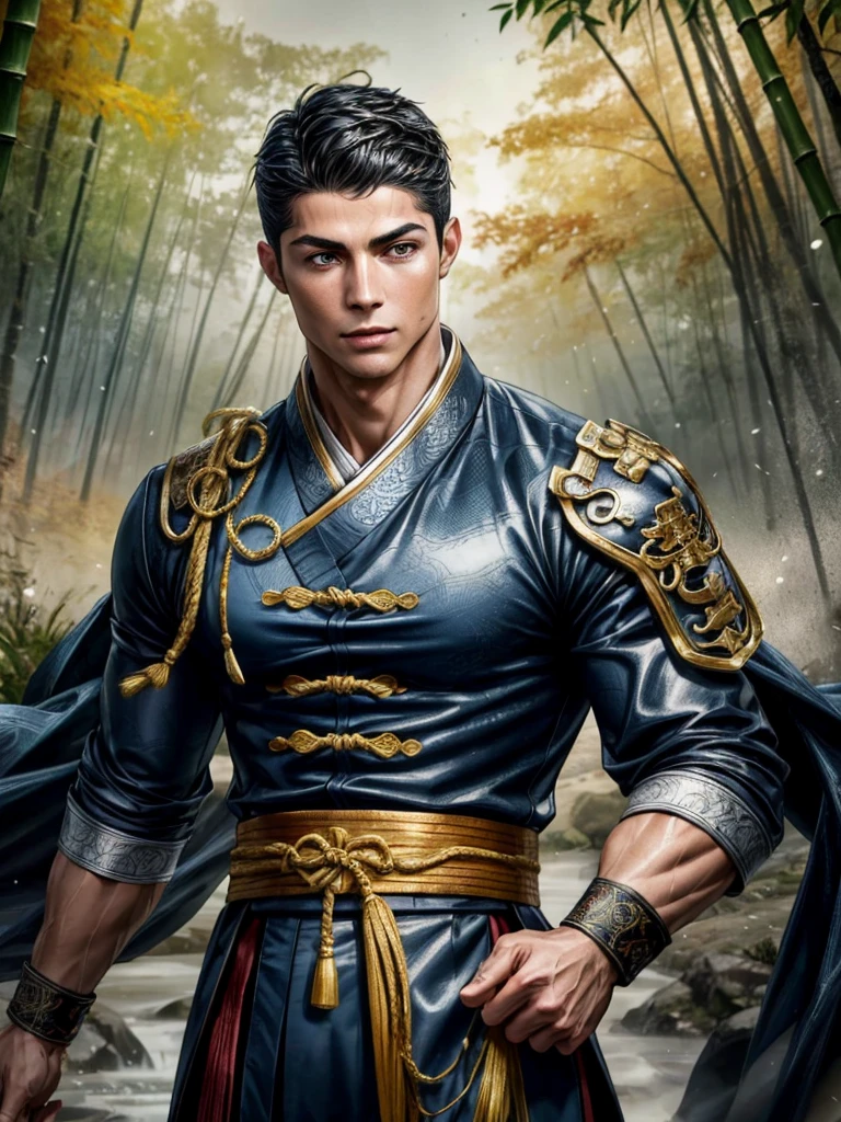Cristiano Ronaldo，intricately details，tmasterpiece，best qualtiy，A high resolution，mature，Age 35，handsome，Handsome，Angular，tall muscular guy，a broad shouldered，Black colored eyes，Fine eyes and detailed face，looking at viewert，（style-swirlmagic：0.7），（full bodyesbian：0.7），（Chinese fantasy theme：1.1），The corners of the clothes fluttered in the wind，Martial artist，dynamicposes，Fighting posture， and clench your fist，Fingerless gloves，Wristbands，Taoist-themed costumes，Taoist robes，Bamboo forest in the background，Rotating floating particles，dynamic compositionysterious oriental medieval atmosphere，depth of fields，vfx。 Cinematic, Hyper-detailed, insane details, Beautifully color graded, Unreal Engine, DOF, Super-Resolution, Megapixel, Cinematic Lightning, Anti-Aliasing, FKAA, TXAA, RTX, SSAO, Post Processing, Post Production, Tone Mapping, CGI, VFX, SFX, Insanely detailed and intricate, Hyper maximalist, Hyper realistic, Volumetric, Photorealistic, ultra photoreal, ultra-detailed, intricate details, 8K, Super detailed, Full color, Volumetric lightning, HDR, Realistic, Unreal Engine, 16K, Sharp focus, octane render --v testp