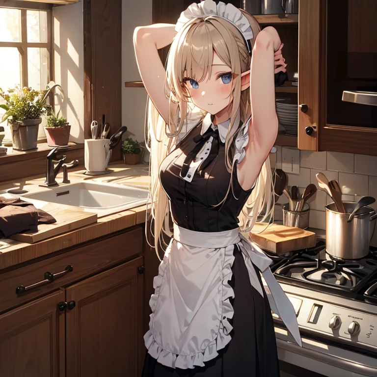 A maids, (in kitchen), various hair styles, night, details face, long skirt, seducing, sleeveless, maid uniform, armpits, elf