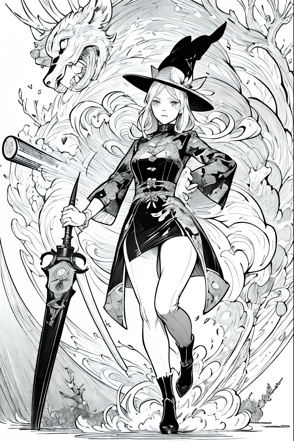 A painting of a costumed woman holding a hat and a walking stick, Manga drawn by Junpei Sato, Pixiv, Gothic art, pencil and Ink Manga, Beautiful line art, Pencil and ink cartoon, Shirow Masamuneスタイル, Shirow Masamune, Ink Manga, Very detailed fan art, Complex manga drawing