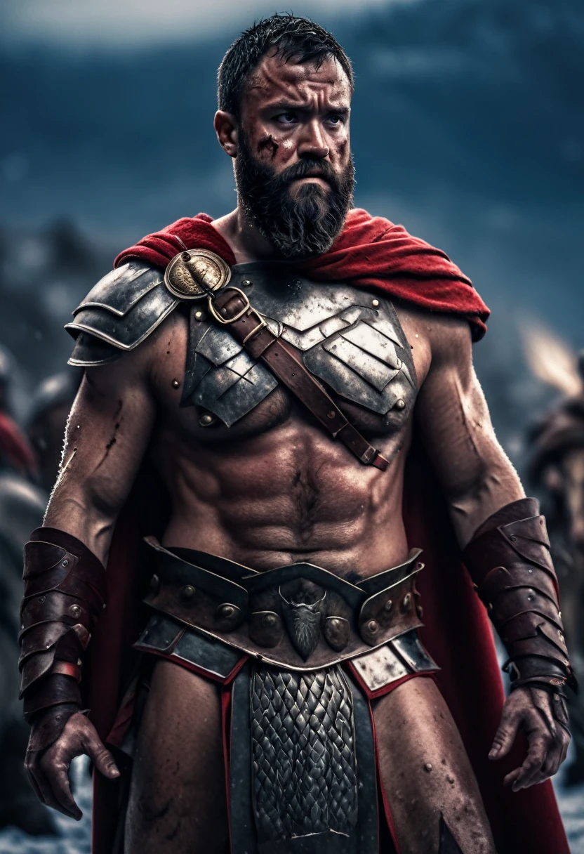a scarred gladiator with a thick beard, wearing armor, looking cold and icy in Sparta, red cape, muscular body, dramatic lighting, cinematic, muted colors, realistic, 8k, highly detailed, photorealistic, award winning, chiaroscuro, moody atmosphere, hyper realistic