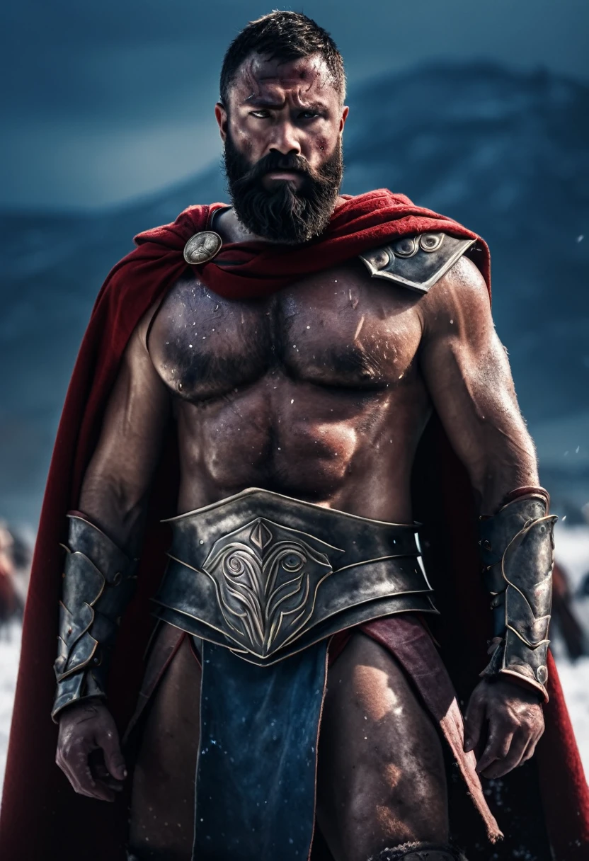 a scarred gladiator with a thick beard, wearing armor, looking cold and icy in Sparta, red cape, muscular body, dramatic lighting, cinematic, muted colors, realistic, 8k, highly detailed, photorealistic, award winning, chiaroscuro, moody atmosphere, hyper realistic