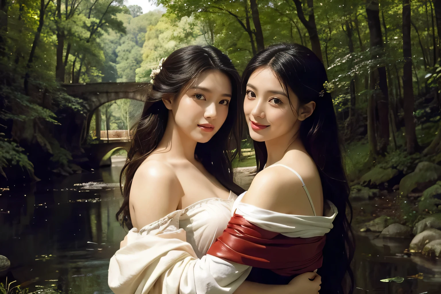 Giorgione painting style,Barbizon forest A beautiful woman in Greek dress smiles on the shore,Sweet and seductive appearance.、Caravaggio's paintings、Chiaroscuro of Caravaggio、hair tousled by the wind,Two women frolicking,cute smile, expression of ecstasy,Sexy,erotic, full body portrait