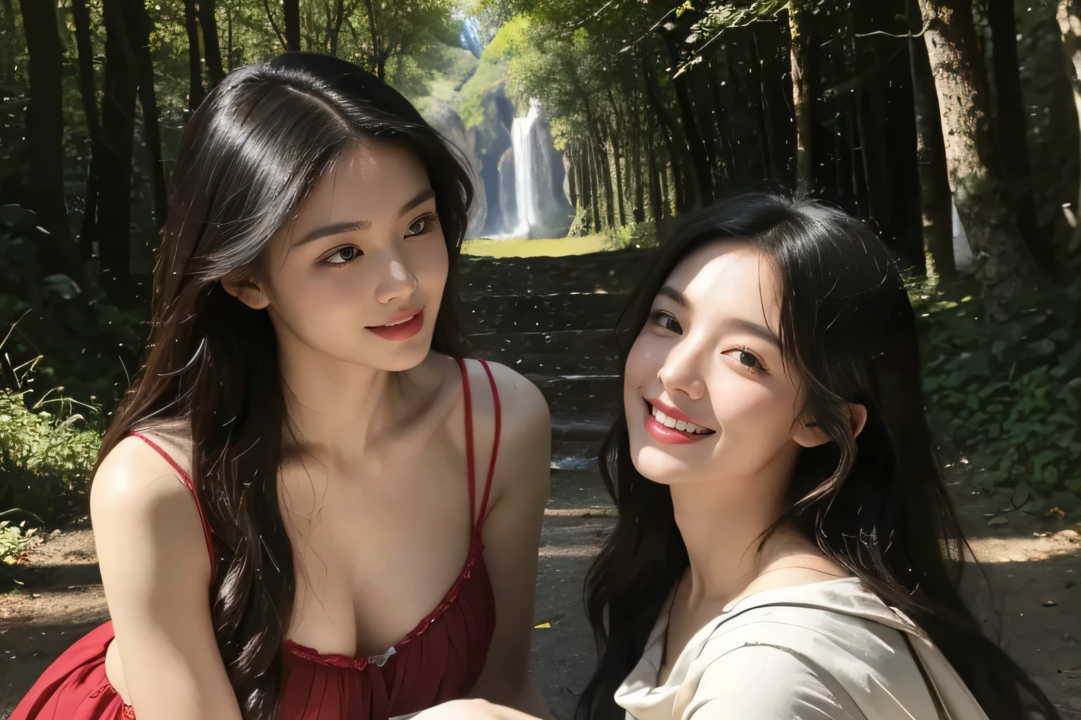 Giorgione painting style,Barbizon forest A beautiful woman in Greek dress smiles on the shore,Sweet and seductive appearance.、Caravaggio's paintings、Chiaroscuro of Caravaggio、hair tousled by the wind,Two women frolicking,cute smile, expression of ecstasy,Sexy,erotic, full body portrait