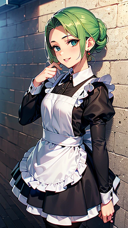 A girl is posing for a photo,pretty girl,Enchanting girl,Anime Girls,
(((One Girl,Baby Face,16 years old))),
BREAK
((Black long sleeve maid outfit with long skirt、White apron、With ruffled collar、Black Stockings、Black heel shoes))、Earrings、Black nail polish、
BREAK
((Matte green hair)), ((Chignon Hair、slicked back hair:1.4))
(Drooping eyes,blue eyes),(Small breasts),
BREAK
(Beautiful Hair,Shiny Hair),
(Expression of fine eyes,Beautiful and delicate eyes,Sparkling eyes,Eye Reflexes),
(double eyelid,Long eyelashes),
(Beautiful Nose,Thin Nose),
(Glossy lips,Beautiful Lips,Thick lips),
(Symmetrical facial features,Perfect Face),(((Detailed skin,Oily skin,Textured skin,Beautiful Skin))),
BREAK
(Wicked Smile),
((noon、Western-style architecture:1.4、corridor、sunlight)),((Dynamic Pose、Place one hand on the wall and place the other hand on your waist、Face the viewer、Cowboy Shot)),
BREAK
(((highest quality)),((masterpiece)),((Very detailed))),((High resolution),(8k),(16k,1080p),(Anime 2D Rendering)),(Anatomically correct),
((Realistic)), (The best CG),Highly detailed art,CG illustration,