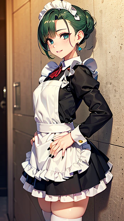 A girl is posing for a photo,pretty girl,Enchanting girl,Anime Girls,
(((One Girl,Baby Face,16 years old))),
BREAK
((Black long sleeve maid outfit with long skirt、White apron、With ruffled collar、Black Stockings、Black heel shoes))、Earrings、Black nail polish、
BREAK
((Matte green hair)), ((Chignon Hair、slicked back hair:1.4))
(Drooping eyes,blue eyes),(Small breasts),
BREAK
(Beautiful Hair,Shiny Hair),
(Expression of fine eyes,Beautiful and delicate eyes,Sparkling eyes,Eye Reflexes),
(double eyelid,Long eyelashes),
(Beautiful Nose,Thin Nose),
(Glossy lips,Beautiful Lips,Thick lips),
(Symmetrical facial features,Perfect Face),(((Detailed skin,Oily skin,Textured skin,Beautiful Skin))),
BREAK
(Wicked Smile),
((noon、Western-style architecture:1.4、corridor、sunlight)),((Dynamic Pose、Place one hand on the wall and place the other hand on your waist、Face the viewer、Cowboy Shot)),
BREAK
(((highest quality)),((masterpiece)),((Very detailed))),((High resolution),(8k),(16k,1080p),(Anime 2D Rendering)),(Anatomically correct),
((Realistic)), (The best CG),Highly detailed art,CG illustration,