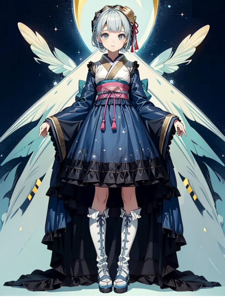 (((1girl)))、Star Fairy、vtuber-fullbody、(((highest quality、Masterpiece、The best composition、Golden Ratio、Official Art、Super detailed、Super detailedな目)))、ultra detailed, from front, headshot、 blue and white hair color、Short bangs above eyebrows、Short Hair、Standing in front of the viewer、A galaxy patterned outfit made from a remake of kimono and gothic lolita, with dark blue and light blue as the main colors.、The sleeves are long and the hands are hidden、Knee-high boots、Pure white simple background、