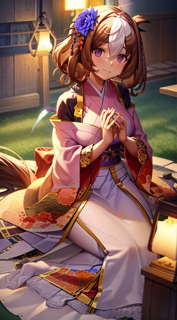 1girl, solo, long hair, looking at viewer, smile, bangs, hair ornament, ribbon, closed mouth, hair ribbon, flower, ahoge, japanese clothes, hair flower, kimono, parted bangs, traditional media, own hands together, praying,