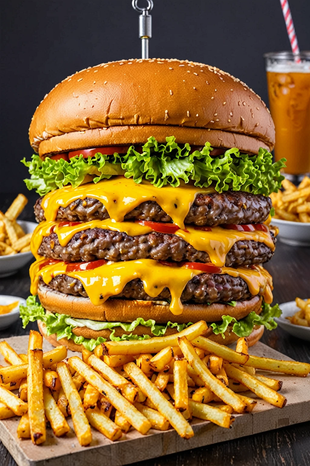Extremely big burger with loads of cheesy fries